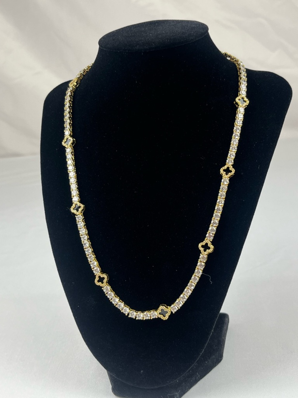 20” 4mm Gold Tone Tennis Chain Necklace Clover Style Iced Out CZ Stones NEW